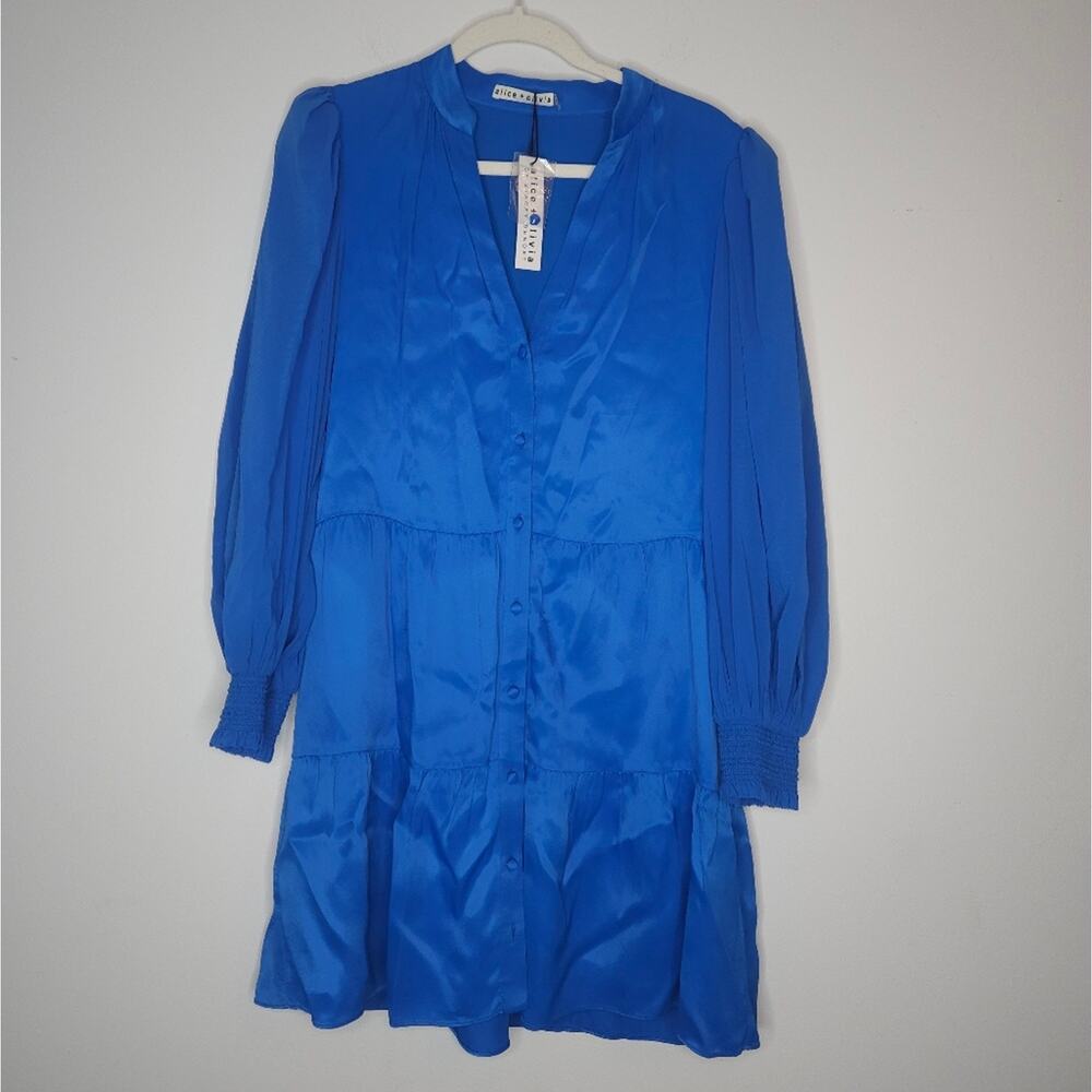 Alice + Olivia Antonette Vibrant Blue Long Sleeve Dress Silk NWT /MISSING SASH - Picture 3 of 8